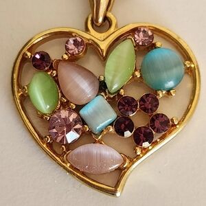 Vintage Gold Tone Heart Pendant with Multicolor Gem Stones